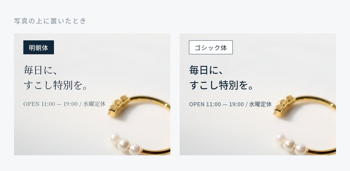商品写真の上に明朝体とゴシック体を重ねた比較図